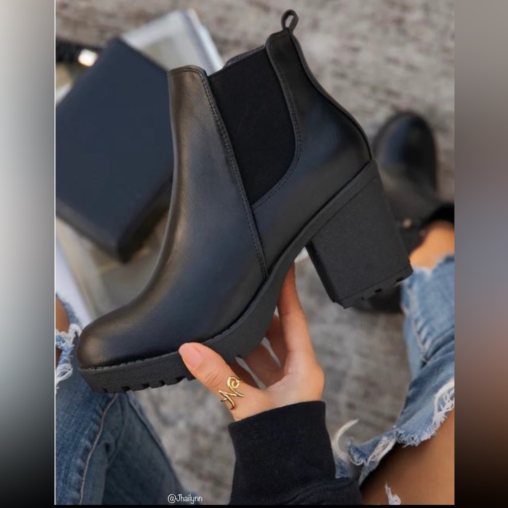 Black slip on chunky heel ankle bootie